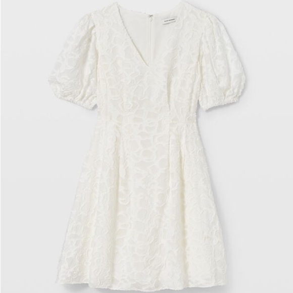 Club Monaco Textured Puff Sleeve V-Neck White Dress Size 10 - Picture 5 of 9